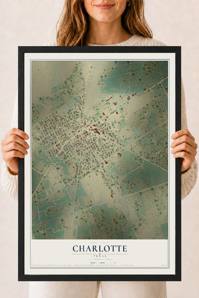 Map of Charlotte, Texas, 18 x 24 inch print in a black wood frame