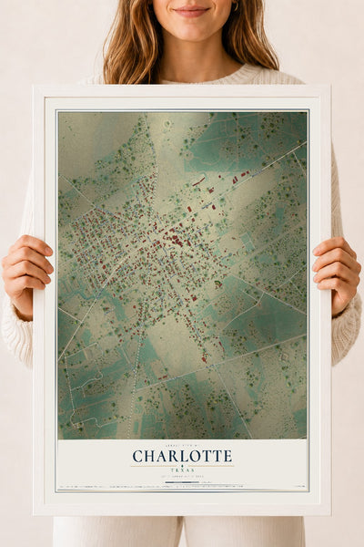 Map of Charlotte, Texas, 18 x 24 inch print in a white wood frame
