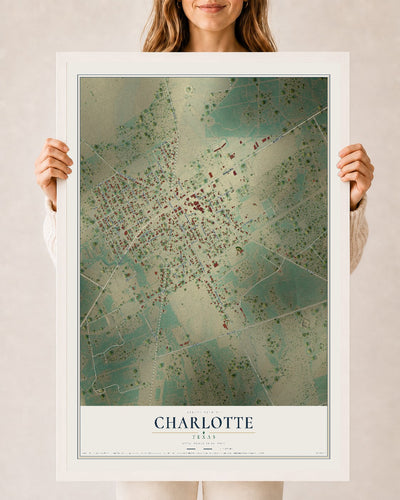 Map of Charlotte, Texas, 24 x 36 inch print in a white wood frame