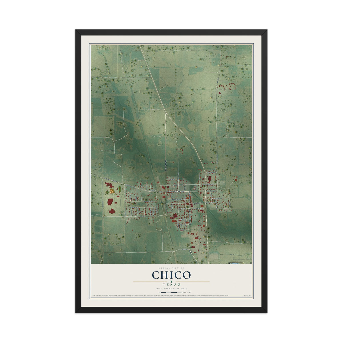 Map of Chico, Texas, 12 x 18 inch print in a black wood frame