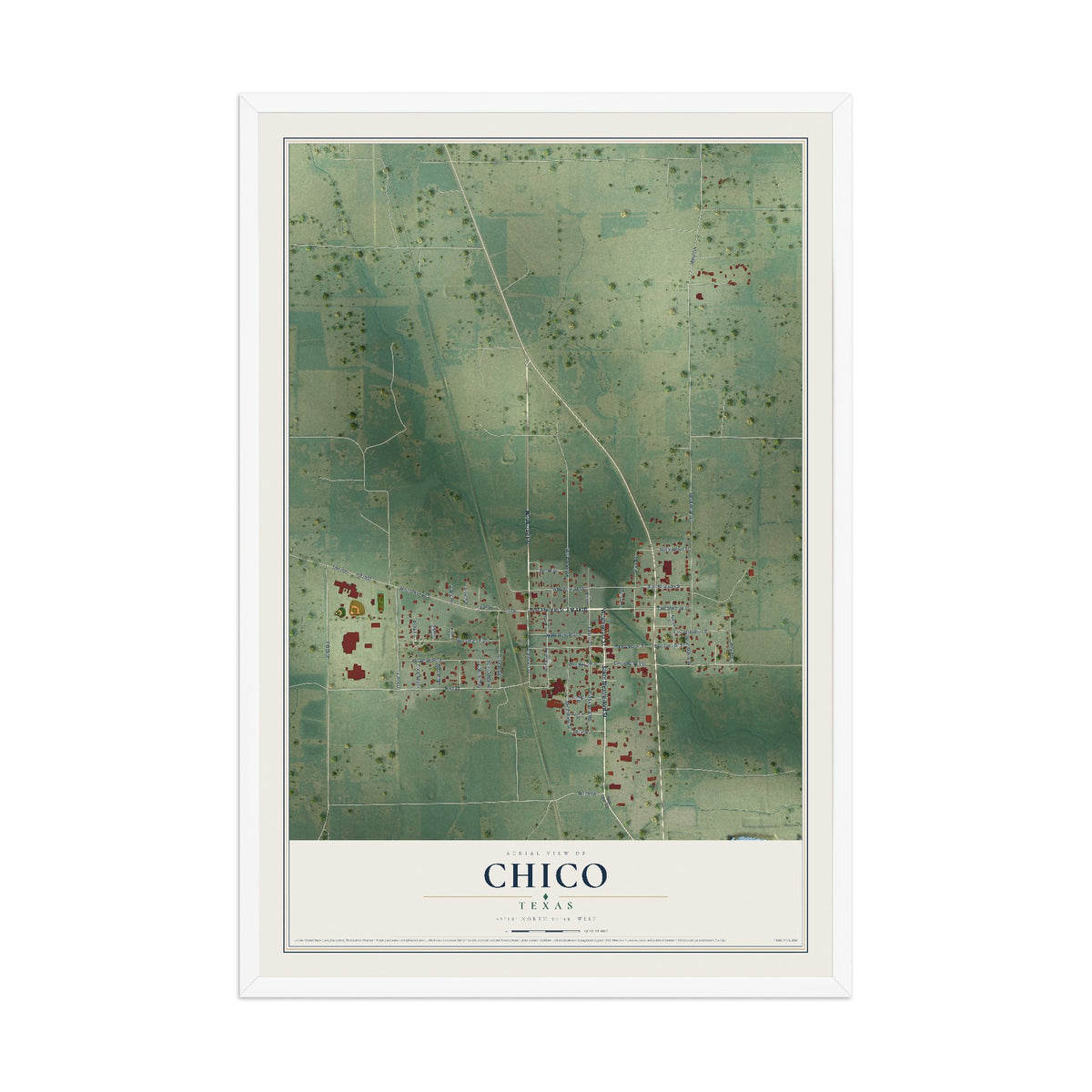 Map of Chico, Texas, 12 x 18 inch print in a white wood frame