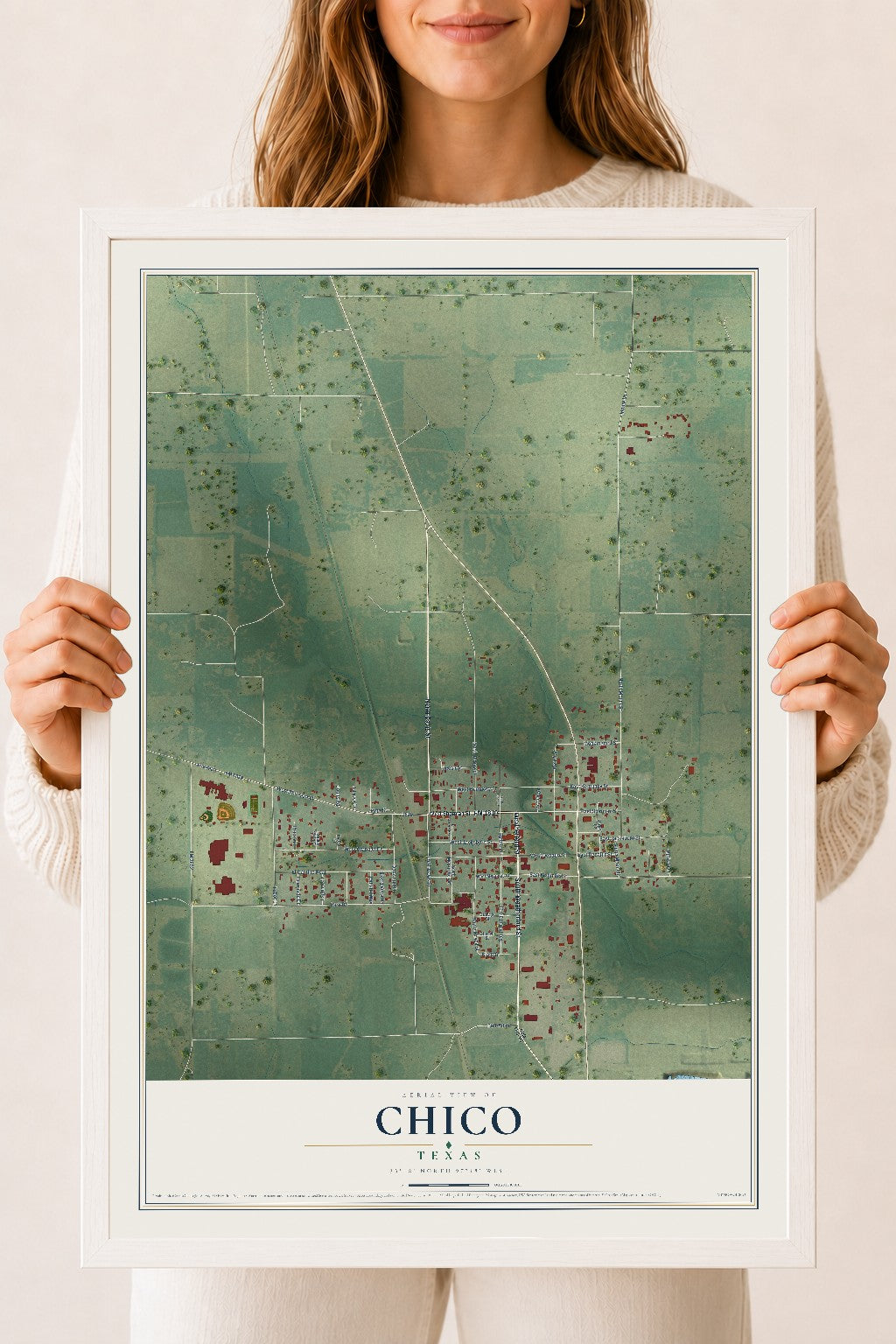 Map of Chico, Texas, 18 x 24 inch print in a white wood frame