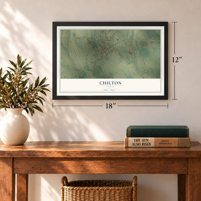 Chilton, Texas map, 12 x 18 inch print in a black frame in an entryway