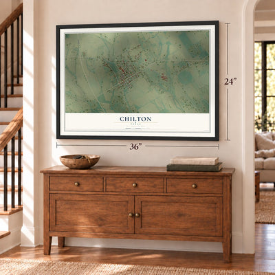 Chilton, Texas map, 24 x 36 inch print in a black frame above a dresser by a staircase
