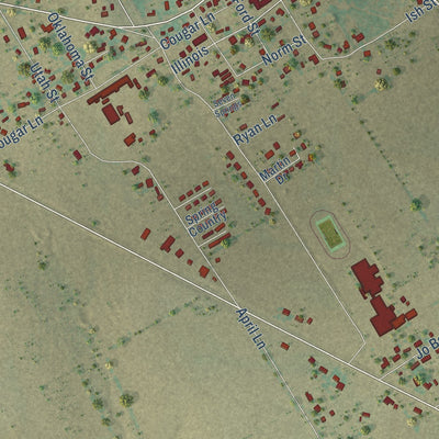 Close-up of the map of China Spring, Texas print showing street and building detail