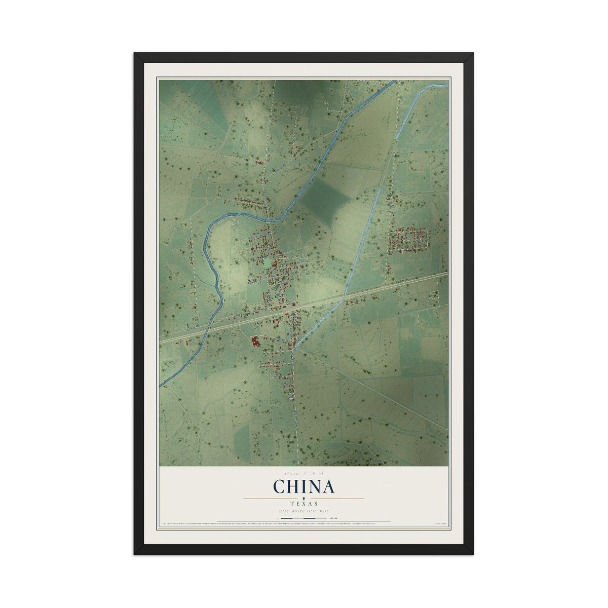 Map of China, Texas, 12 x 18 inch print in a black wood frame