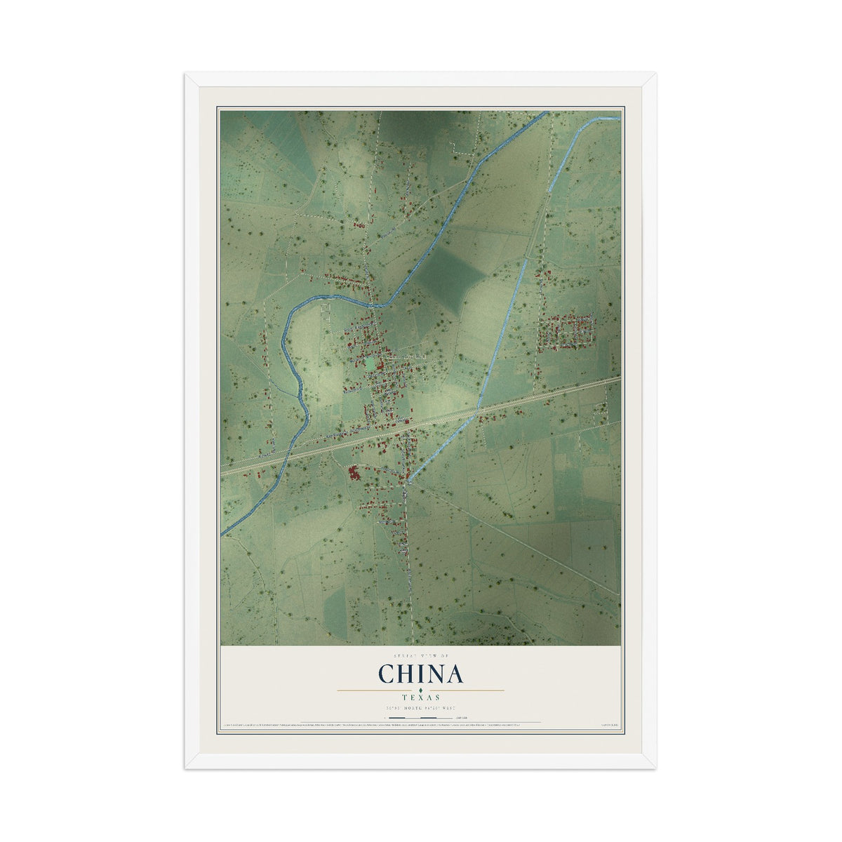 Map of China, Texas, 12 x 18 inch print in a white wood frame