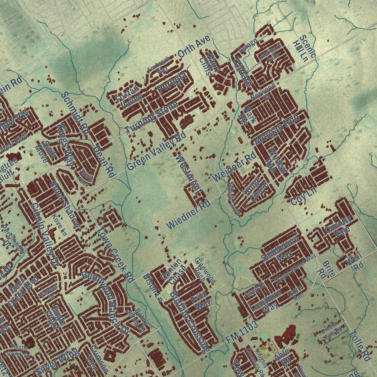 Close-up of the map of Cibolo, Texas print showing street and building detail