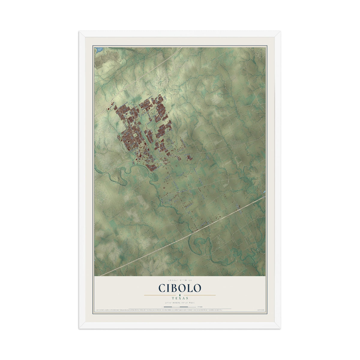 Map of Cibolo, Texas, 12 x 18 inch print in a white wood frame