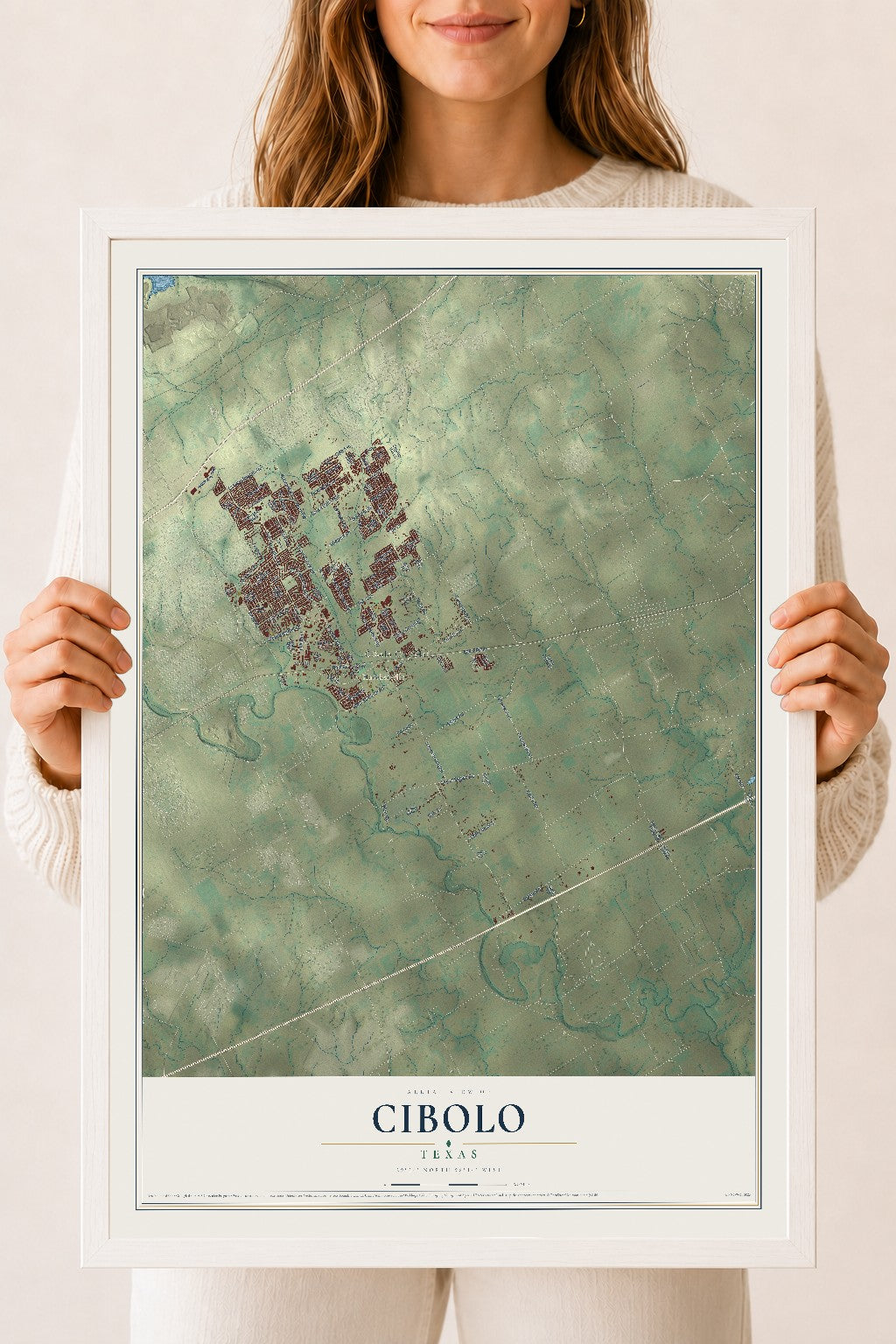 Map of Cibolo, Texas, 18 x 24 inch print in a white wood frame