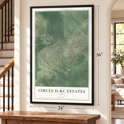 Circle D-KC Estates, Texas map, 24 x 36 inch print in a black frame by a staircase