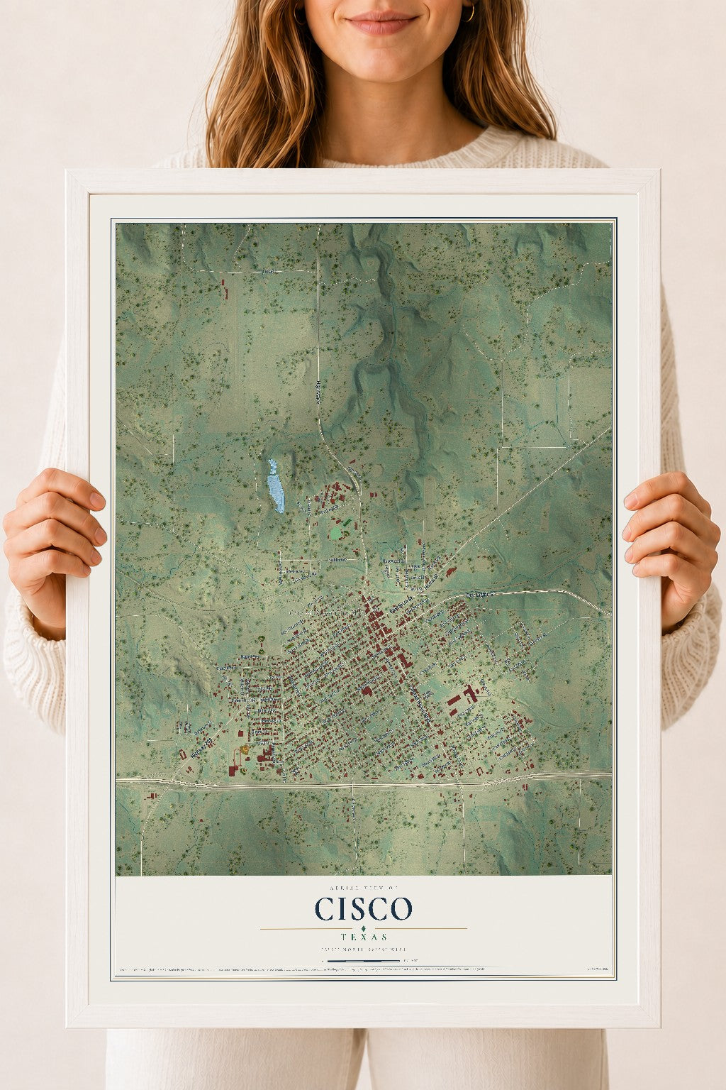 Map of Cisco, Texas, 18 x 24 inch print in a white wood frame