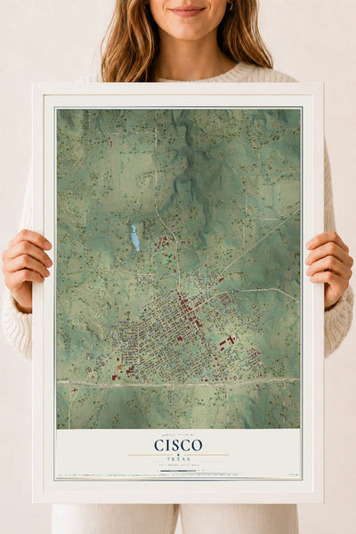 Map of Cisco, Texas, 18 x 24 inch print in a white wood frame