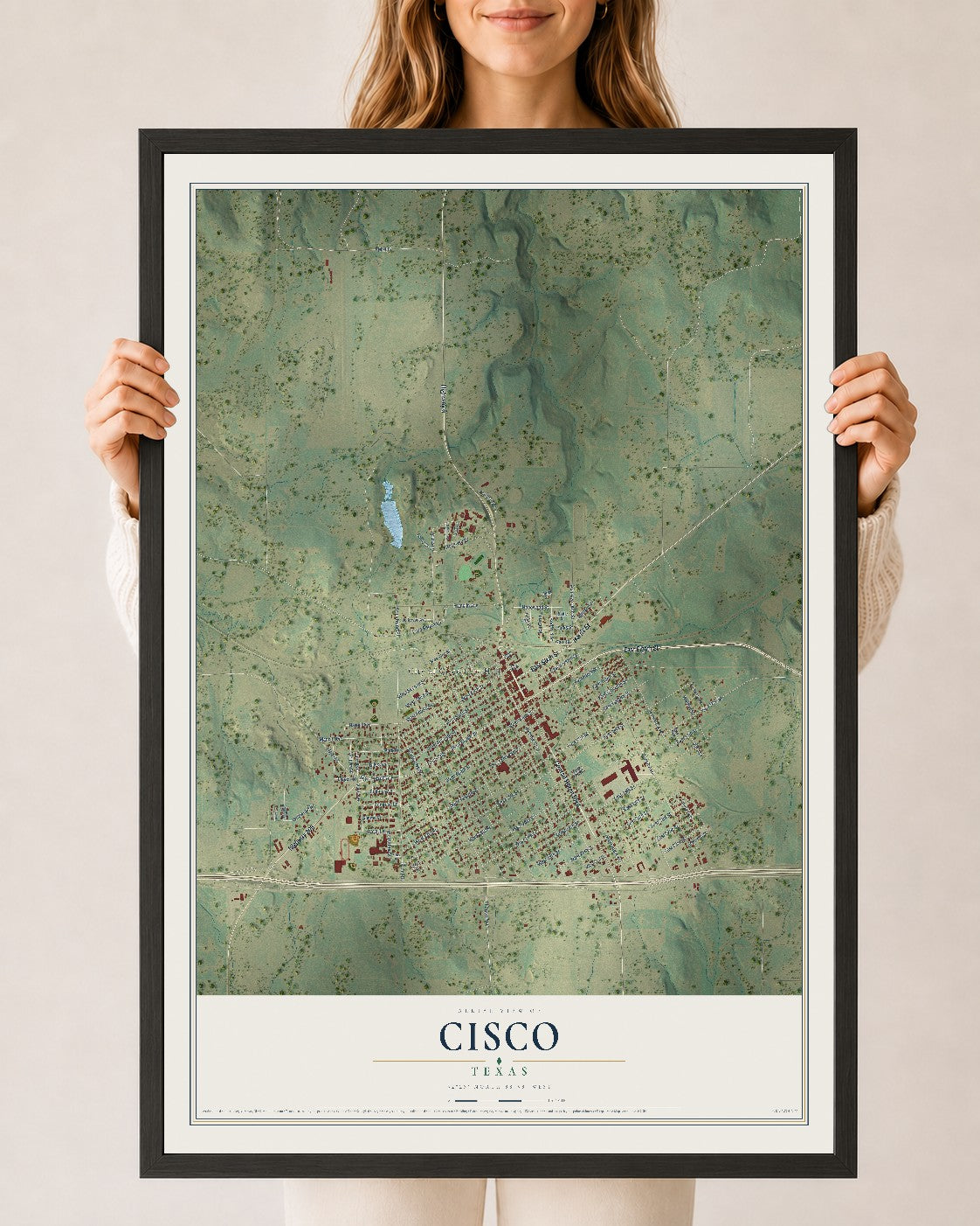 Map of Cisco, Texas, 24 x 36 inch print in a black wood frame
