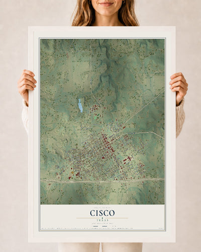 Map of Cisco, Texas, 24 x 36 inch print in a white wood frame