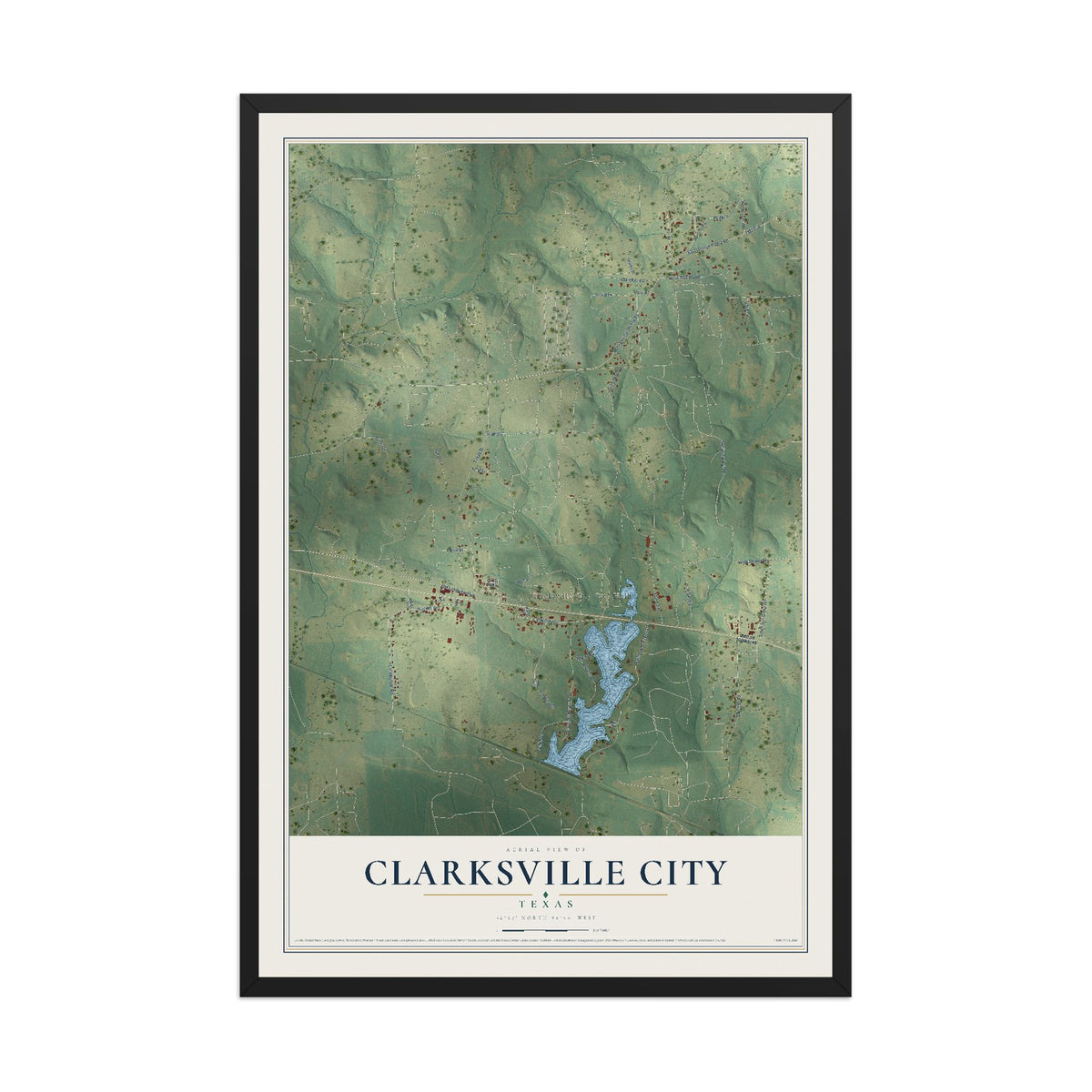 Map of Clarksville City, Texas, 12 x 18 inch print in a black wood frame