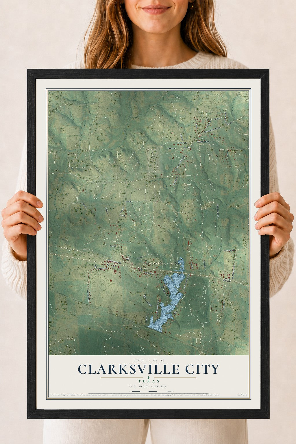 Map of Clarksville City, Texas, 18 x 24 inch print in a black wood frame