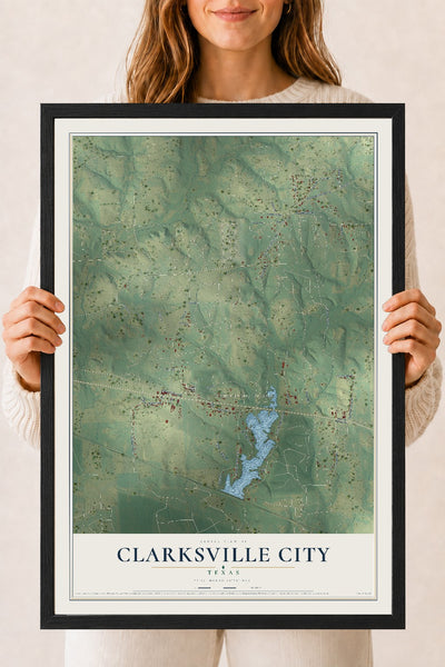 Map of Clarksville City, Texas, 18 x 24 inch print in a black wood frame