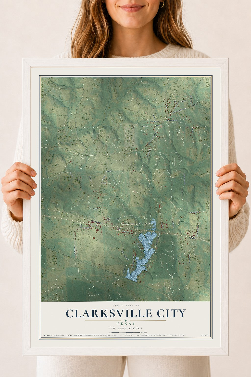 Map of Clarksville City, Texas, 18 x 24 inch print in a white wood frame