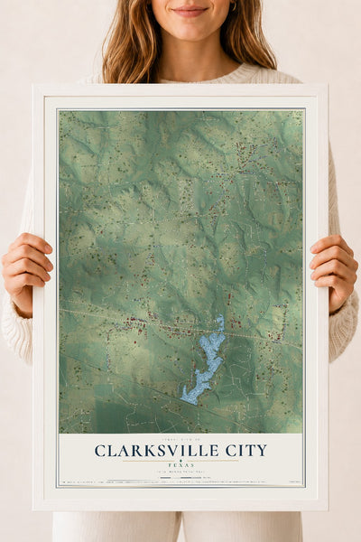 Map of Clarksville City, Texas, 18 x 24 inch print in a white wood frame