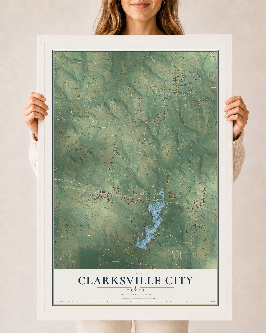 Map of Clarksville City, Texas, 24 x 36 inch print in a white wood frame