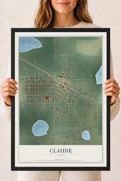 Map of Claude, Texas, 18 x 24 inch print in a black wood frame