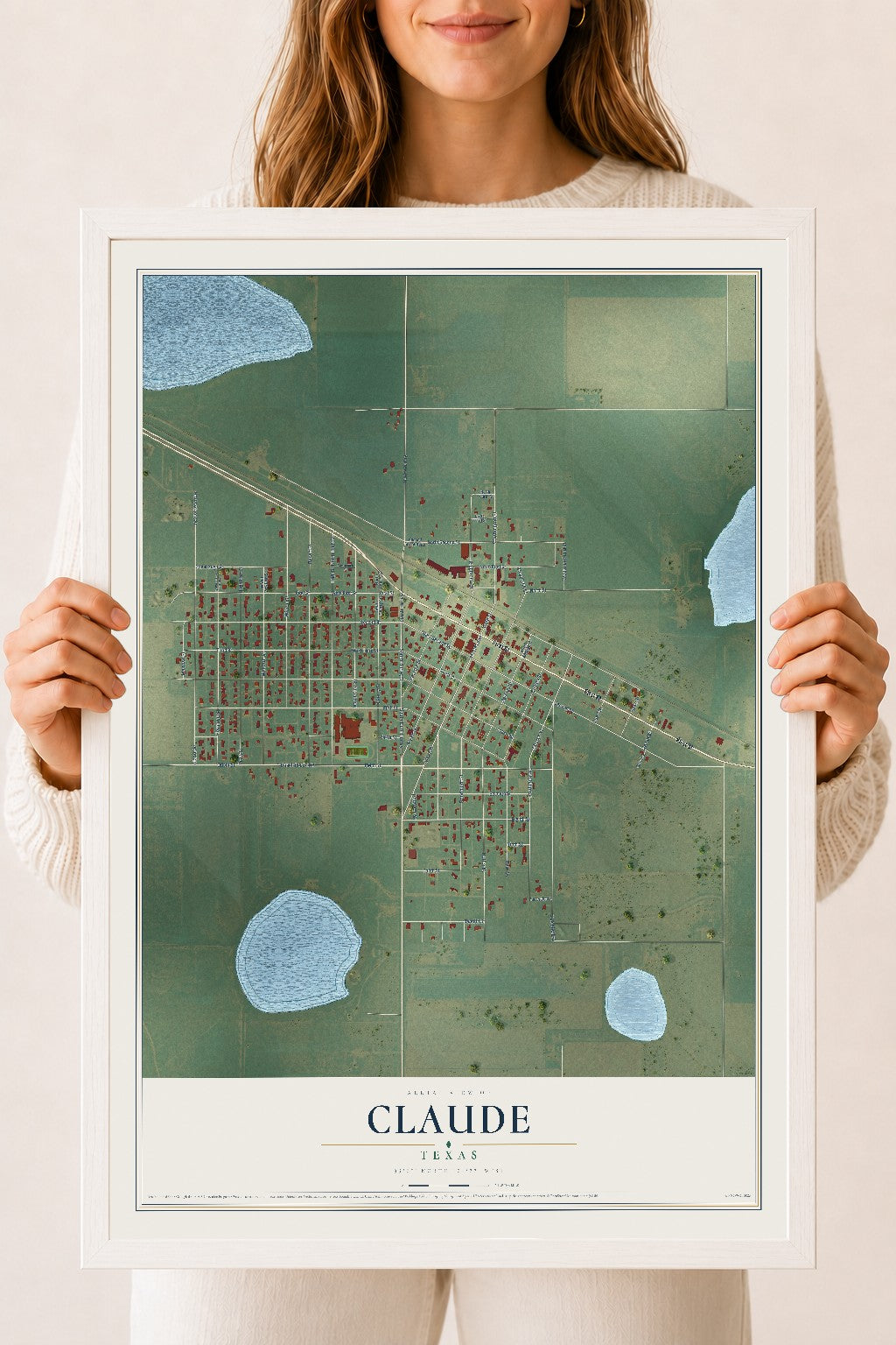 Map of Claude, Texas, 18 x 24 inch print in a white wood frame