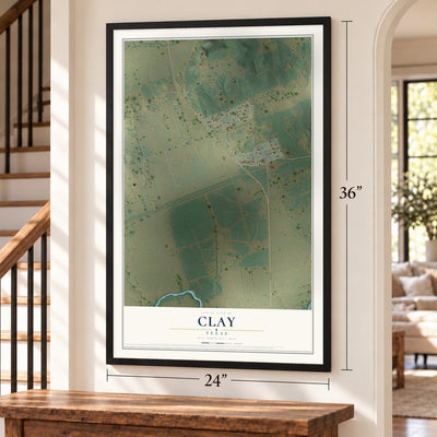 Clay, Texas map, 24 x 36 inch print in a black frame by a staircase