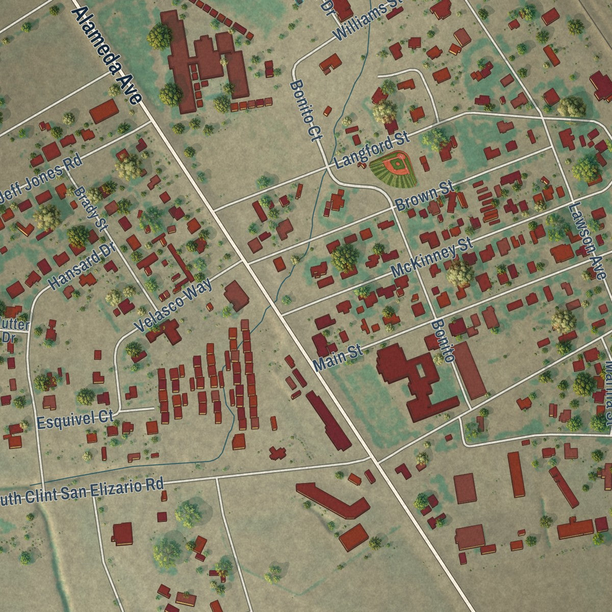 Close-up of the map of Clint, Texas print showing street and building detail