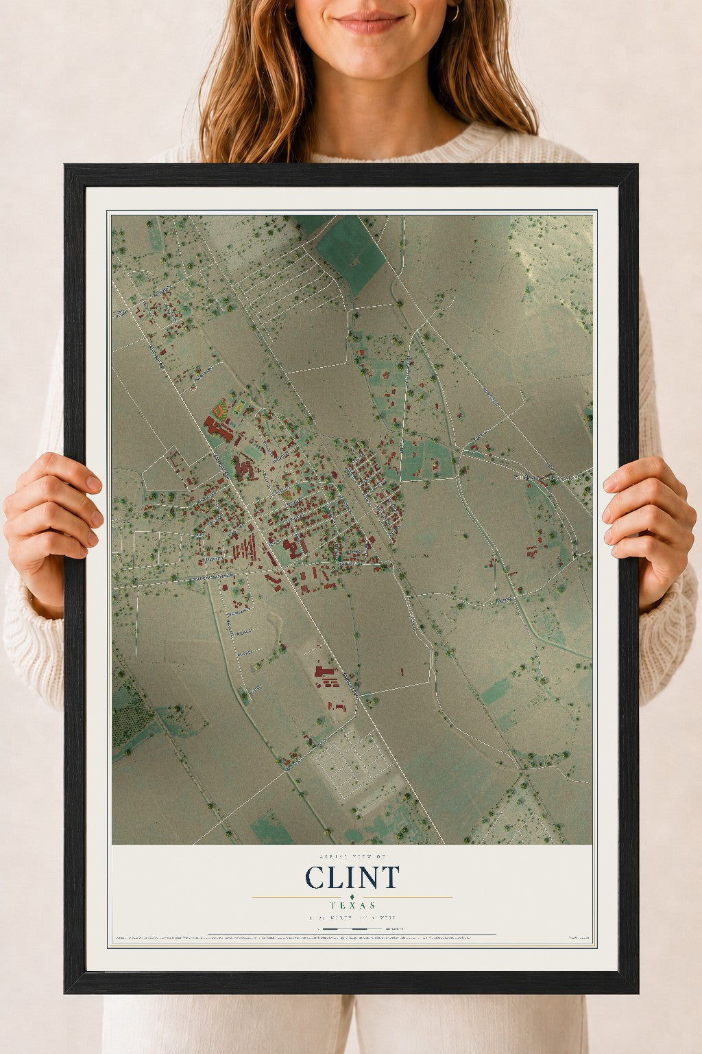 Map of Clint, Texas, 18 x 24 inch print in a black wood frame