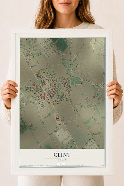 Map of Clint, Texas, 18 x 24 inch print in a white wood frame