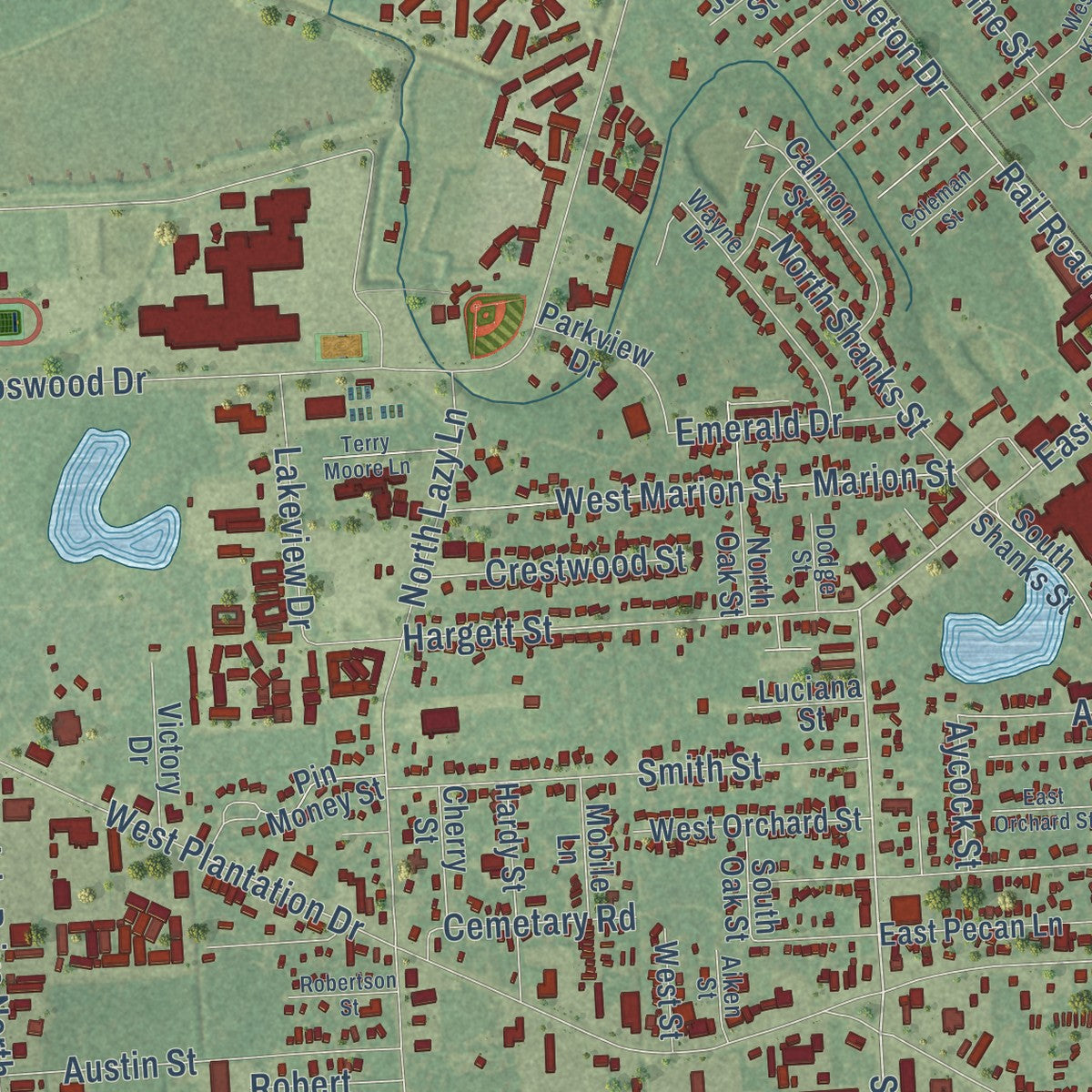 Close-up of the map of Clute, Texas print showing street and building detail