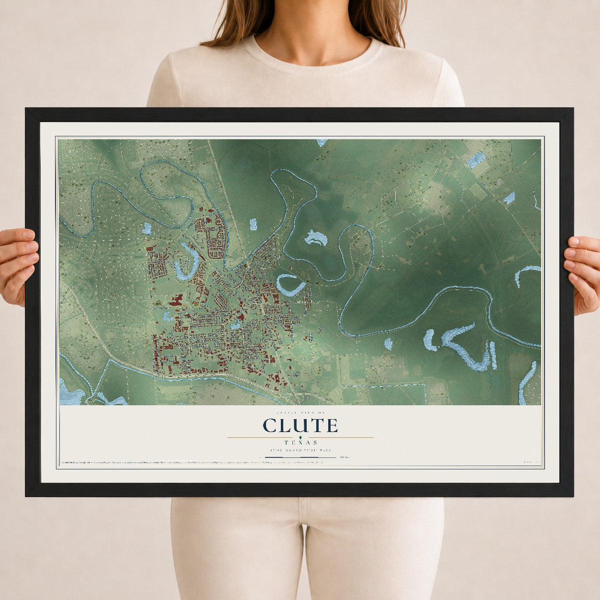 Map of Clute, Texas, 18 x 24 inch print in a black wood frame