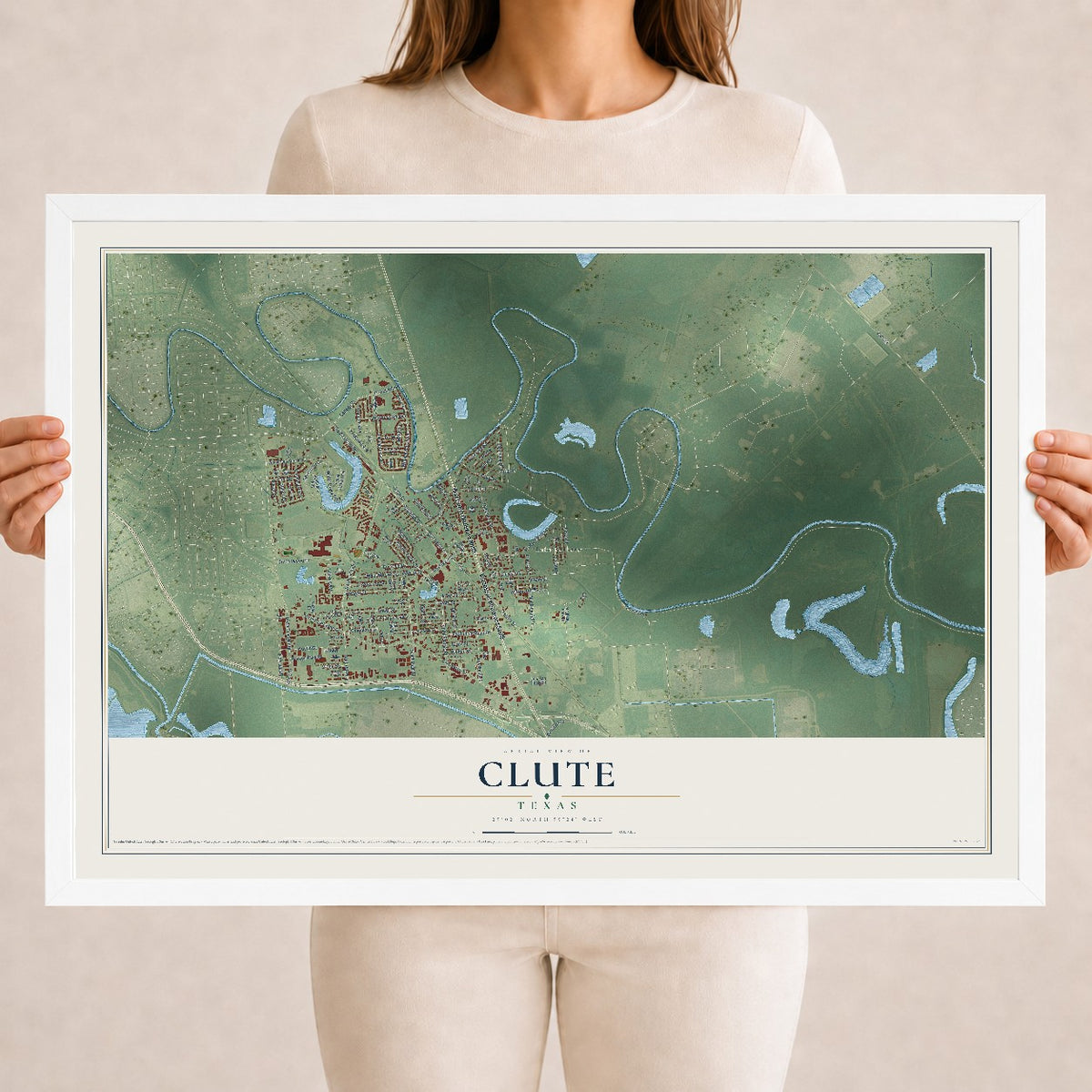 Map of Clute, Texas, 18 x 24 inch print in a white wood frame
