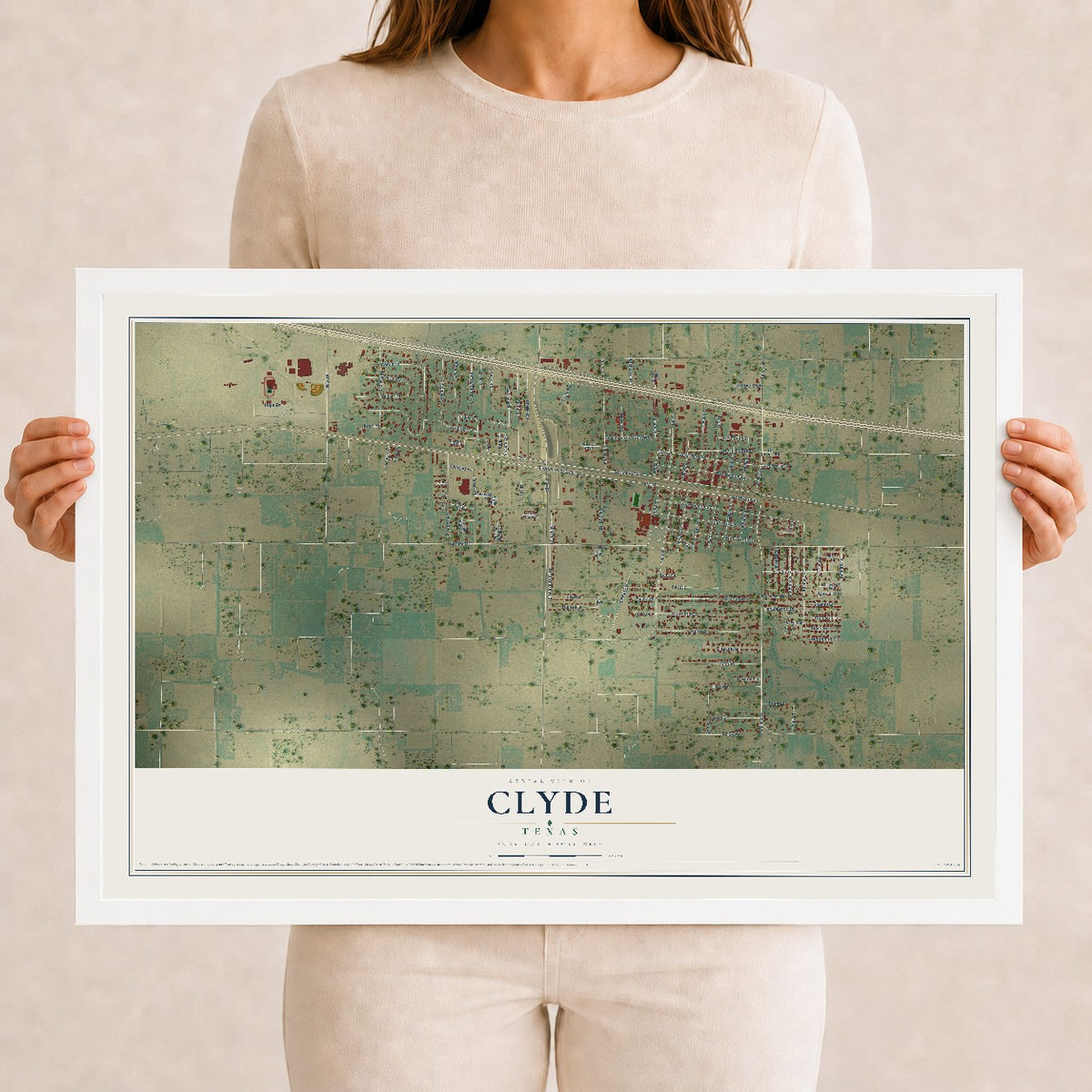 Map of Clyde, Texas, 12 x 18 inch print in a white wood frame