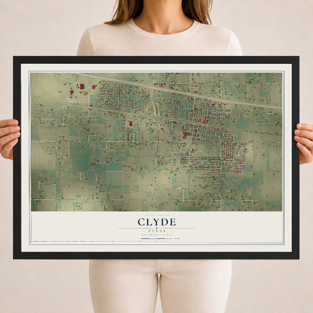 Map of Clyde, Texas, 18 x 24 inch print in a black wood frame