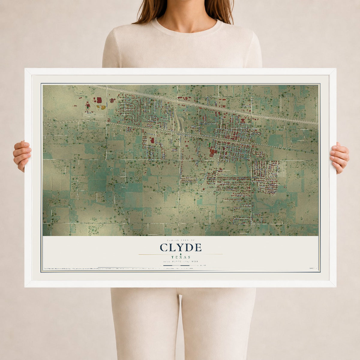 Map of Clyde, Texas, 24 x 36 inch print in a white wood frame