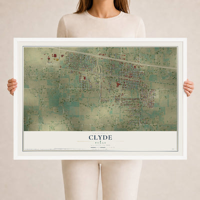 Map of Clyde, Texas, 24 x 36 inch print in a white wood frame