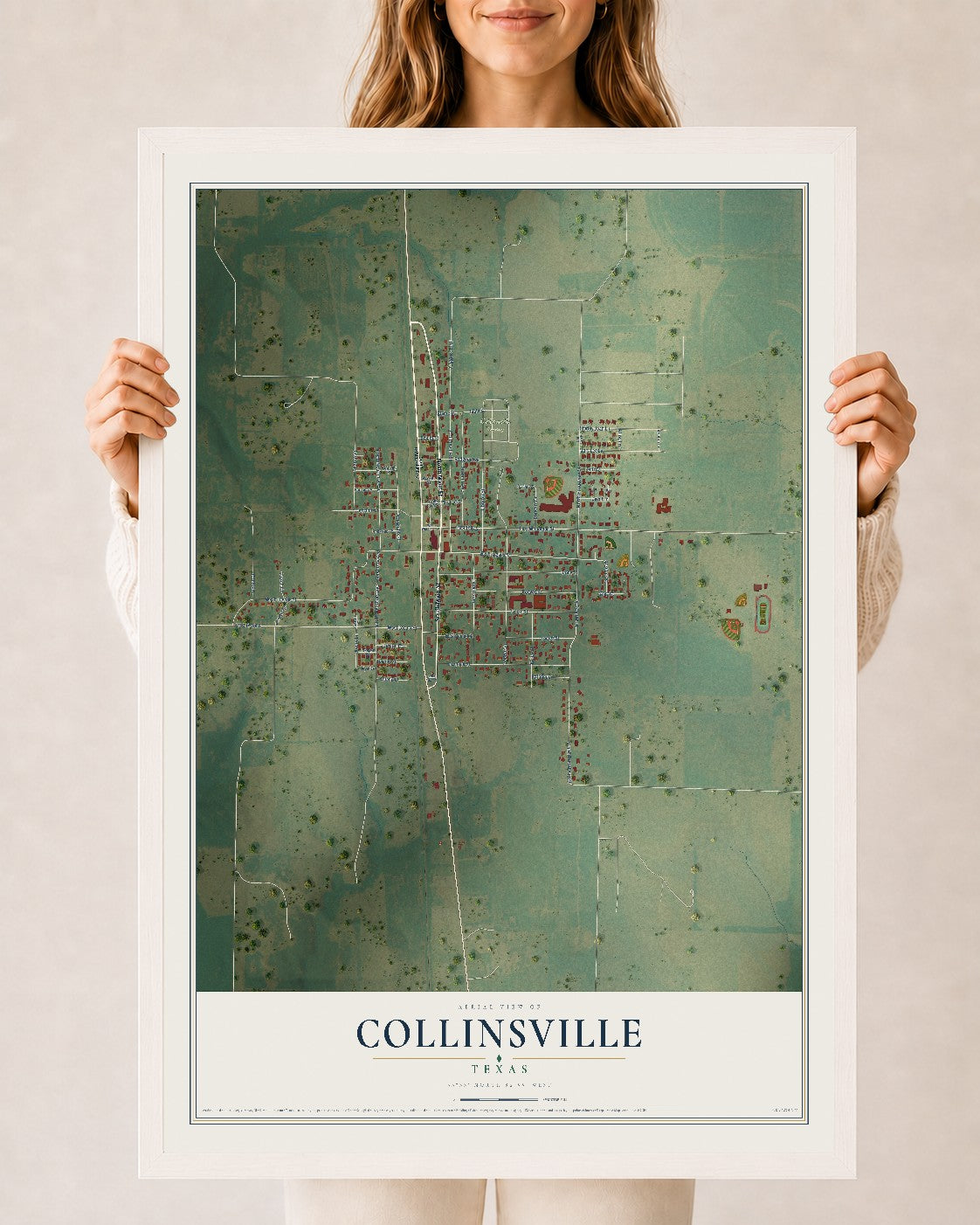 Map of Collinsville, Texas, 24 x 36 inch print in a white wood frame