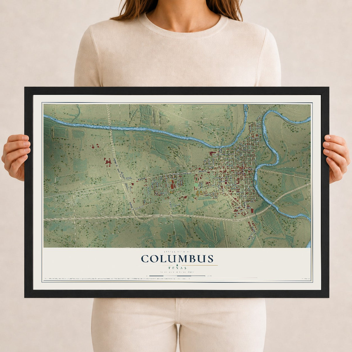 Map of Columbus, Texas, 12 x 18 inch print in a black wood frame
