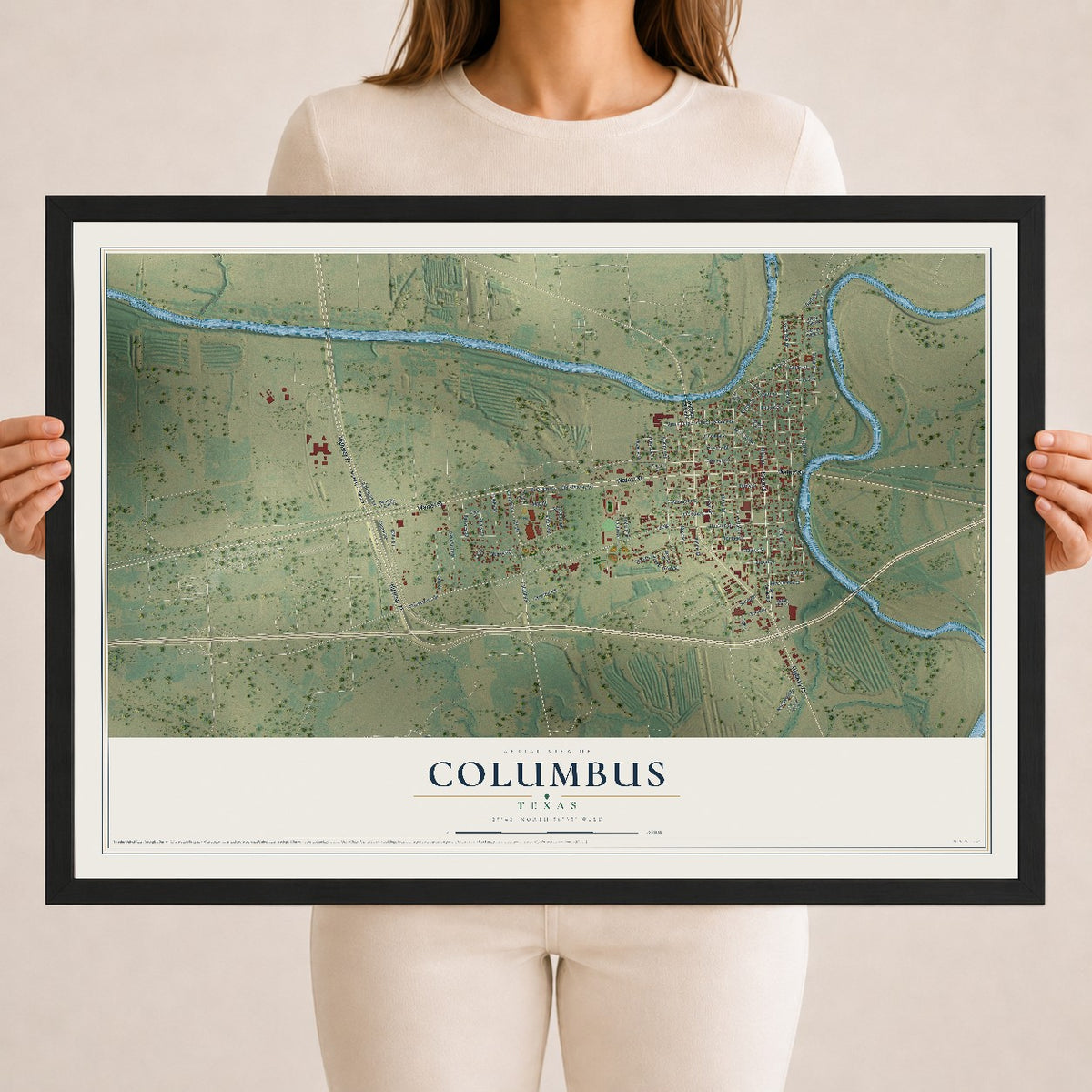 Map of Columbus, Texas, 18 x 24 inch print in a black wood frame