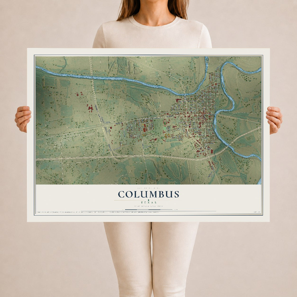 Map of Columbus, Texas, 24 x 36 inch unframed archival matte print
