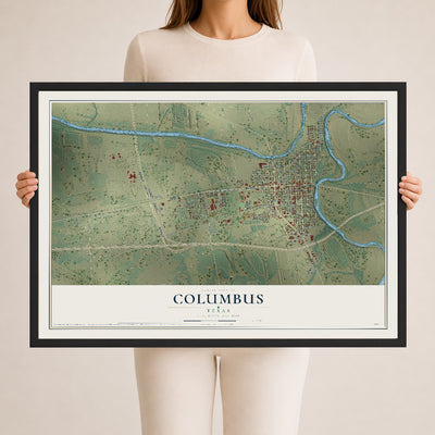 Map of Columbus, Texas, 24 x 36 inch print in a black wood frame