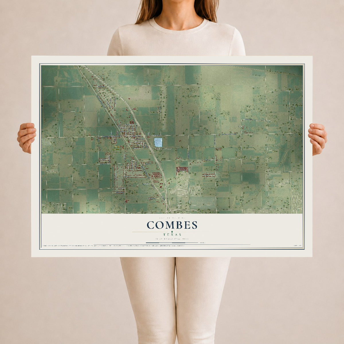 Map of Combes, Texas, 24 x 36 inch unframed archival matte print