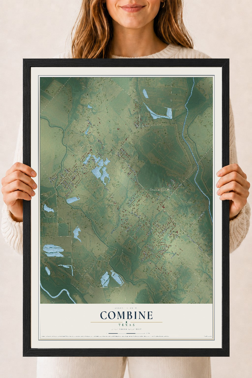 Map of Combine, Texas, 18 x 24 inch print in a black wood frame