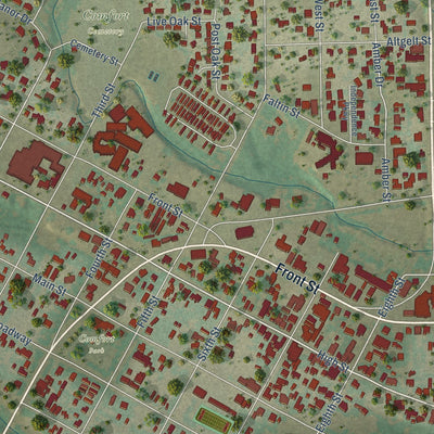 Close-up of the map of Comfort, Texas print showing street and building detail
