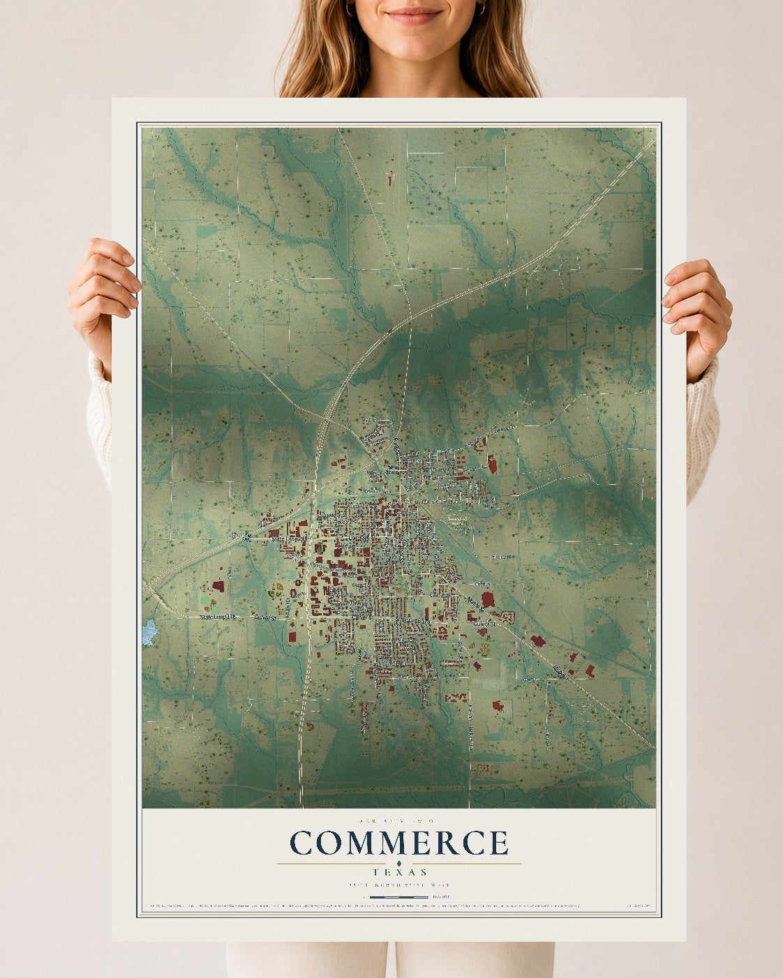 Map of Commerce, Texas, 24 x 36 inch unframed archival matte print