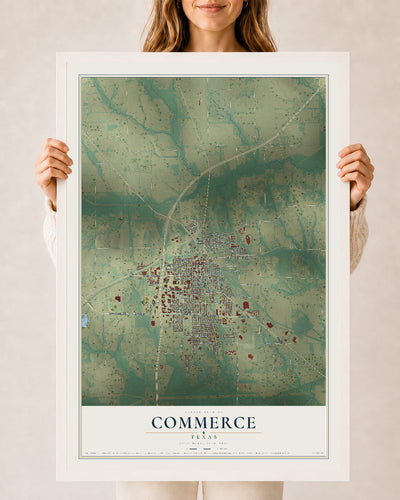 Map of Commerce, Texas, 24 x 36 inch print in a white wood frame