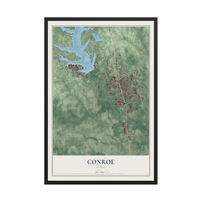 Map of Conroe, Texas, 12 x 18 inch print in a black wood frame