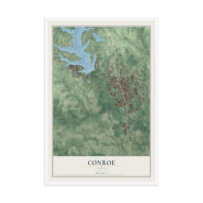 Map of Conroe, Texas, 12 x 18 inch print in a white wood frame